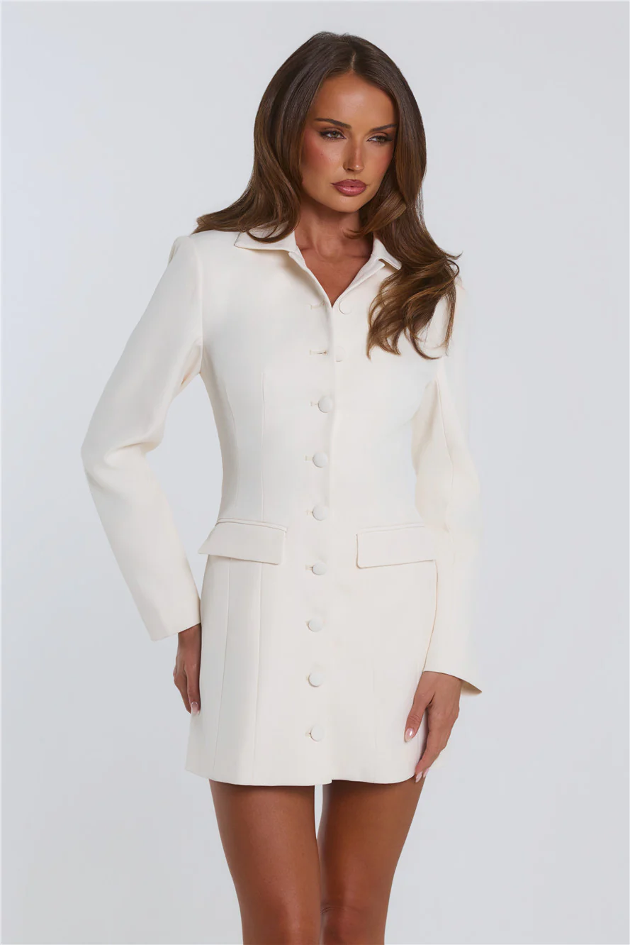 Preppy Perfection Long Sleeve Tailored Mini Dress Cream