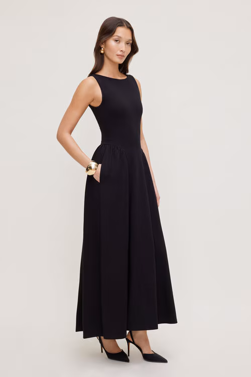 Iris Flared Ponte Maxi Dress-Jet Black
