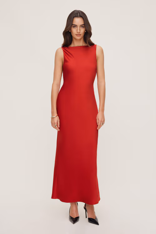Nora Satin Maxi Slip Dress-Red