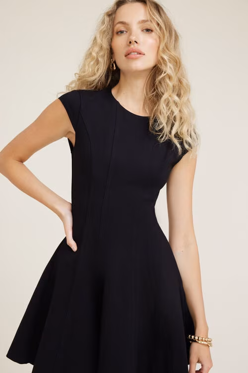 Godet Ponte Mini Dress-Jet Black