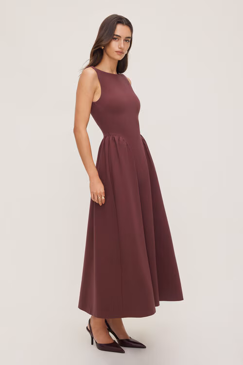 Iris Flared Ponte Maxi Dress-Zinfandel Burgundy