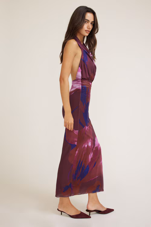 Halter Cowl Neck Mesh Maxi Dress