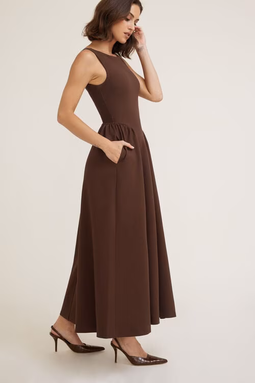Iris Flared Ponte Maxi Dress-Bitter Chocolate Burgundy