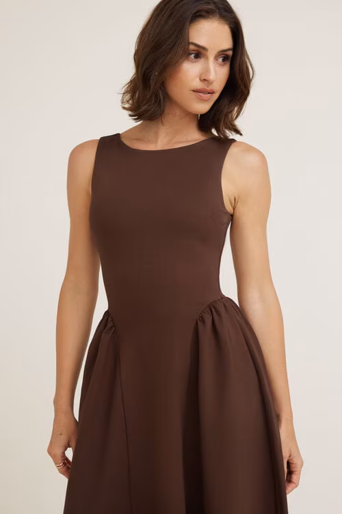 Iris Flared Ponte Maxi Dress-Bitter Chocolate Burgundy