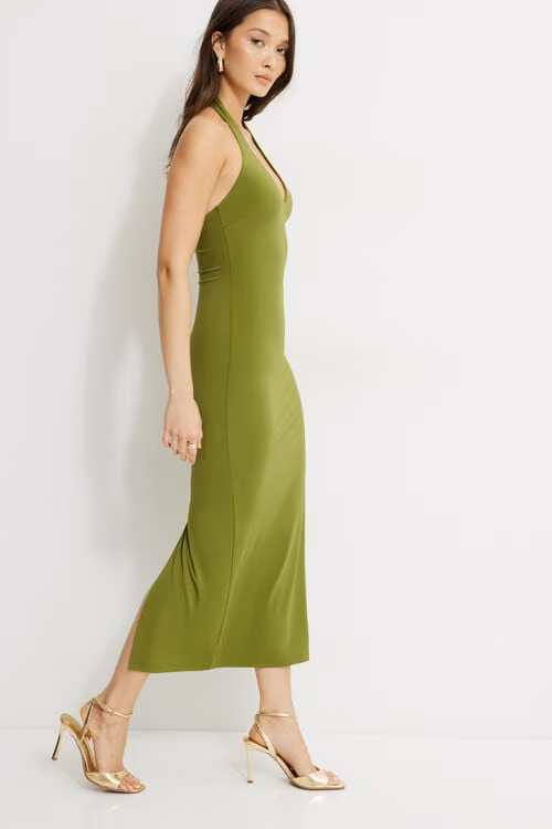 Sculpt Plunging Halter Maxi Dress-Guacamole Green