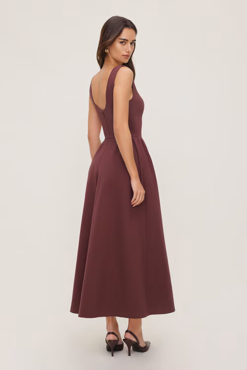 Iris Flared Ponte Maxi Dress-Zinfandel Burgundy
