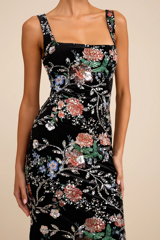 Camesha Black Multi Floral Velvet Sequin Maxi Dress
