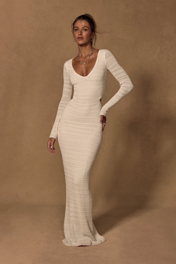 Shenoah White Crochet Cutout Long Sleeve Maxi Dress