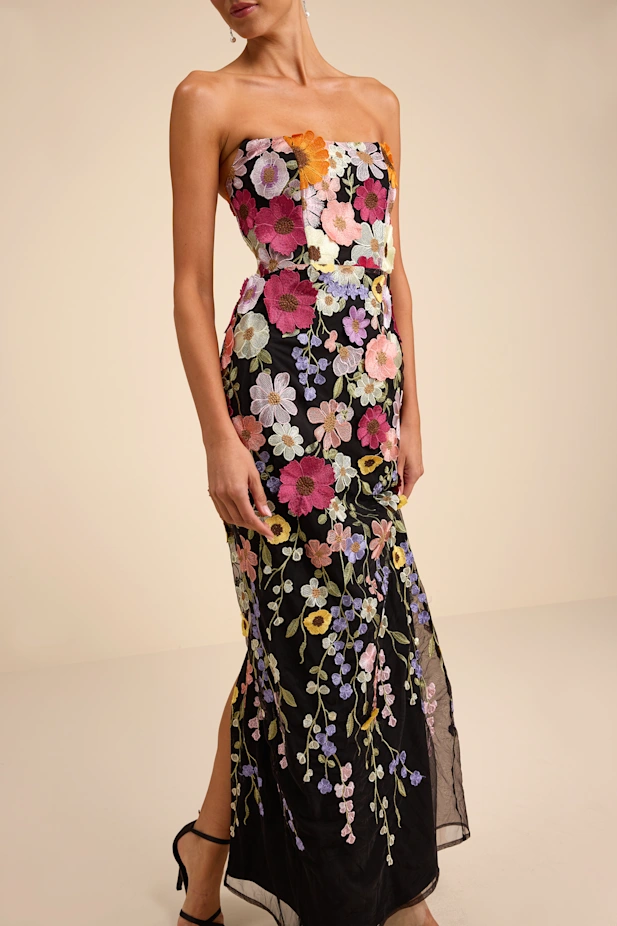 Macario Black Multi 3D Floral Embroidered Strapless Maxi Dress