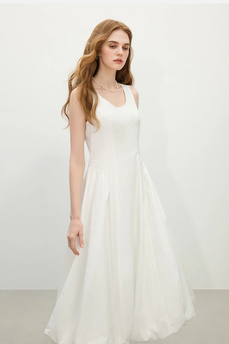 White 100 Cotton Sleeveless Scoop-Neck Bubble Midi Dress - HBQMJX