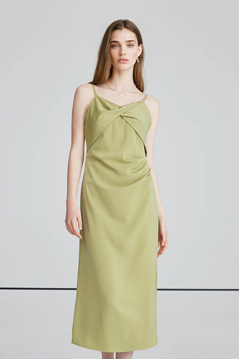 Green Spaghetti-Strap Twist-Front Midi Dress - HBQMJX