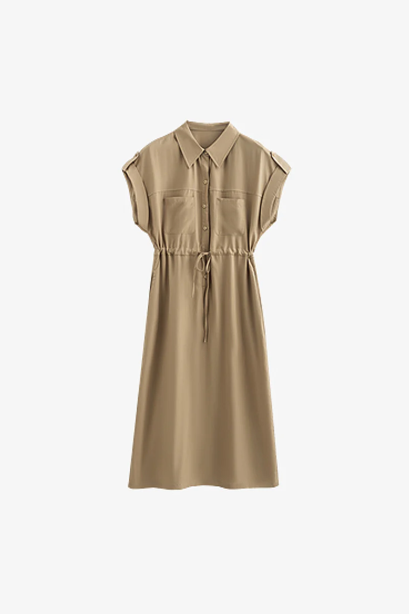 Khaki Cap-Sleeve Shirt Midi Dress With Belt - HBQMJX