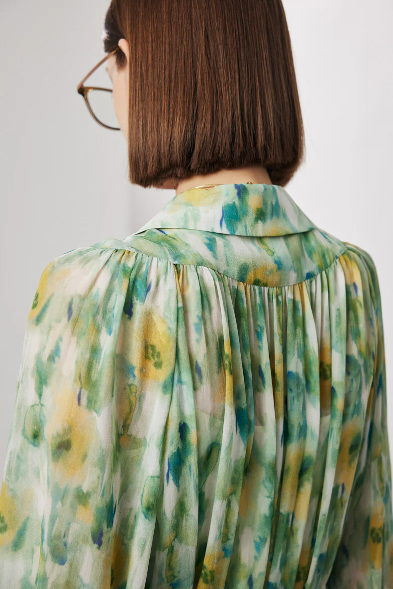 100 Mulberry Silk Floral Balloon-Sleeve V-Neck Collared Midi Dress - HBQMJX