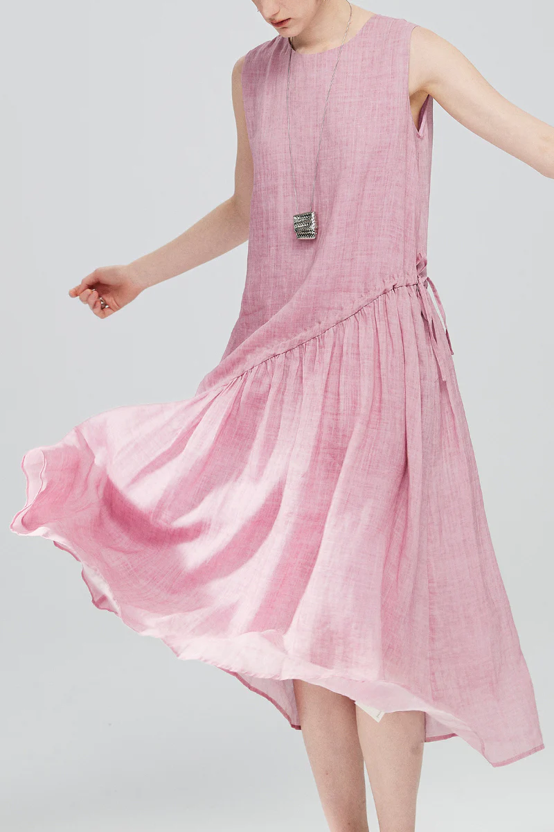 Pink Cotton-Linen Tiered Swing Beach Tank Midi Dress - HBQMJX