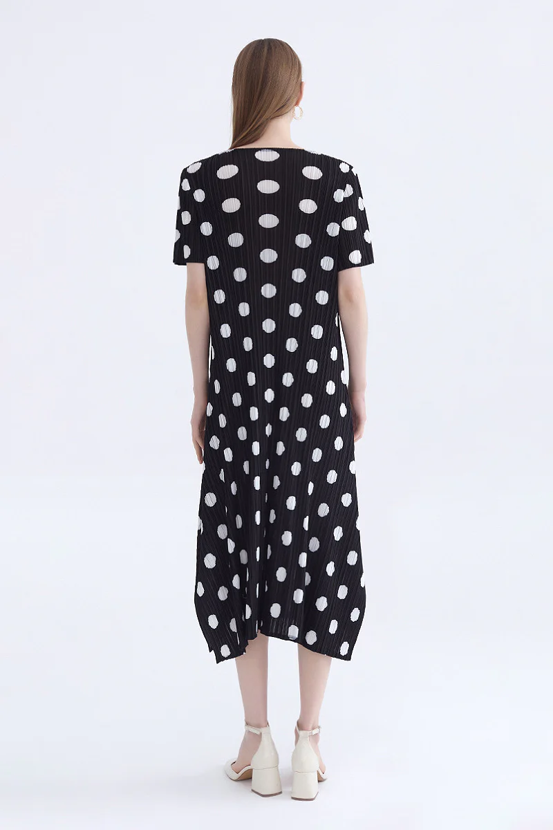 Designer Inspired Pleated Polka Dot Midi Dress - HBQMJX