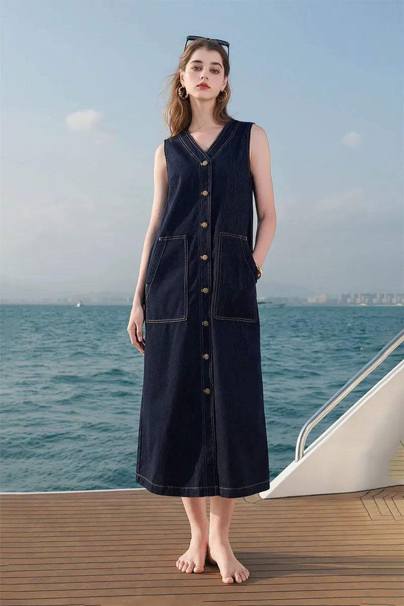 Denim V-Neck Vest Midi Dress with Pockets - HBQMJX