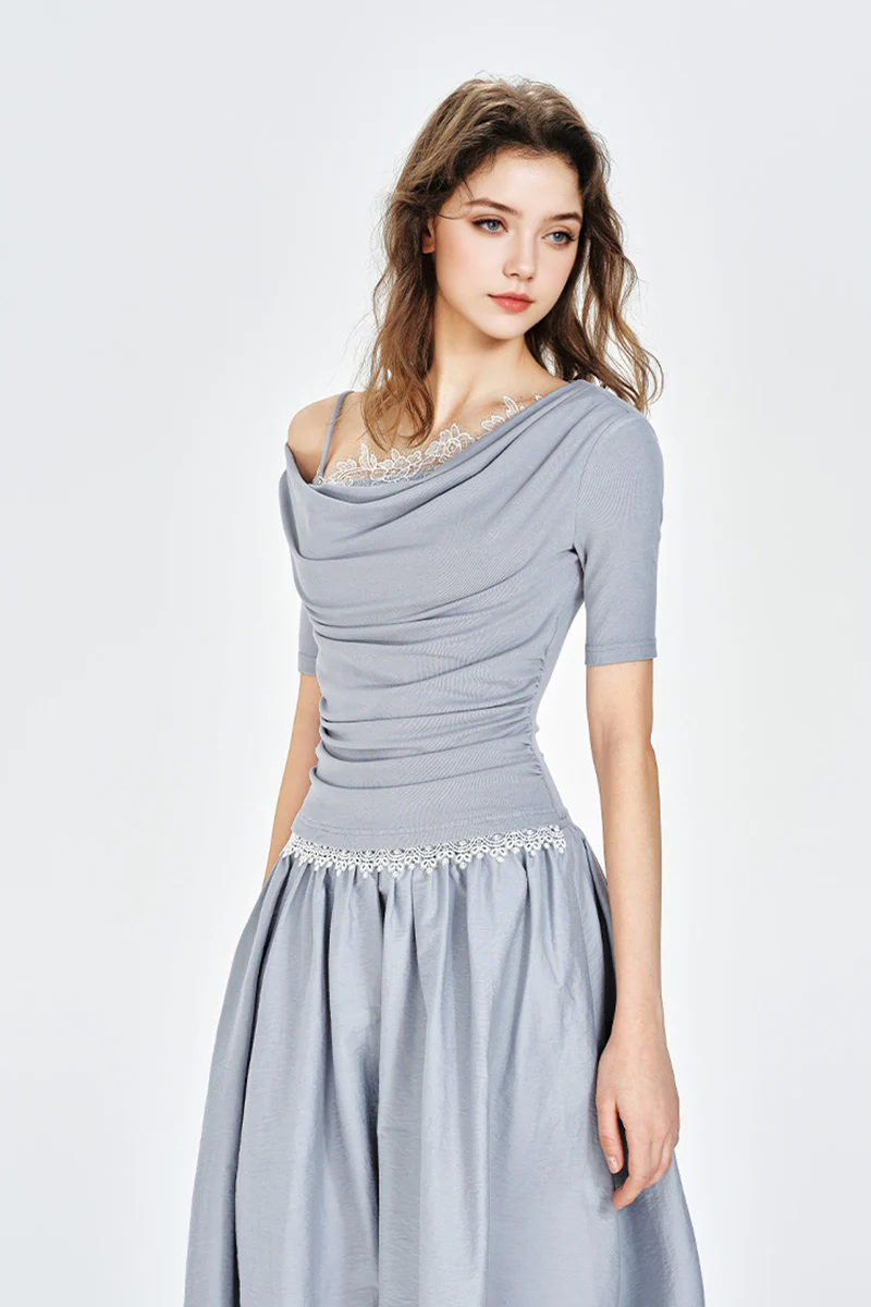 Blue Off-the-Shoulder Ruched Fit & Flare Maxi Dress - HBQMJX