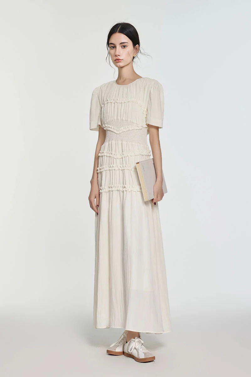 Fit & Flare Ruffled Puff-Sleeve Smocked-Waist Maxi Dress - HBQMJX