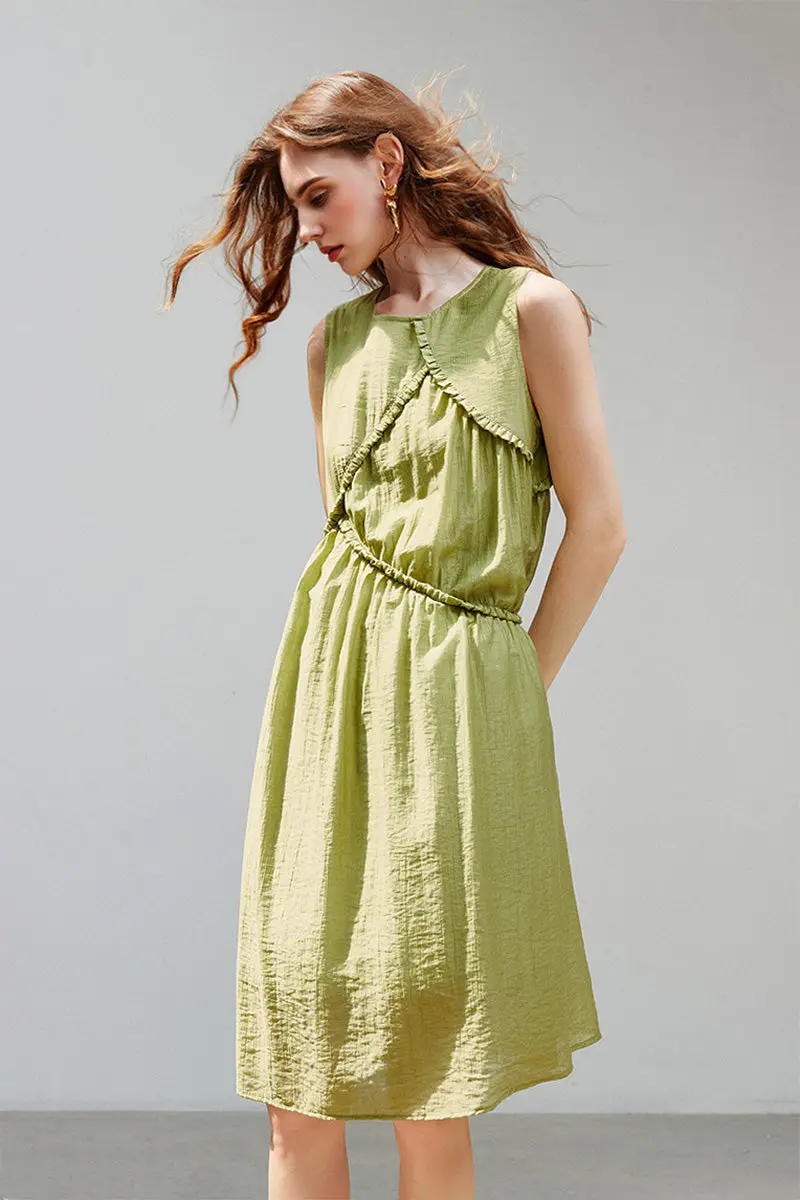 Sage Green Lyocell Sleeveless Ruffle-Detail Midi Dress - HBQMJX