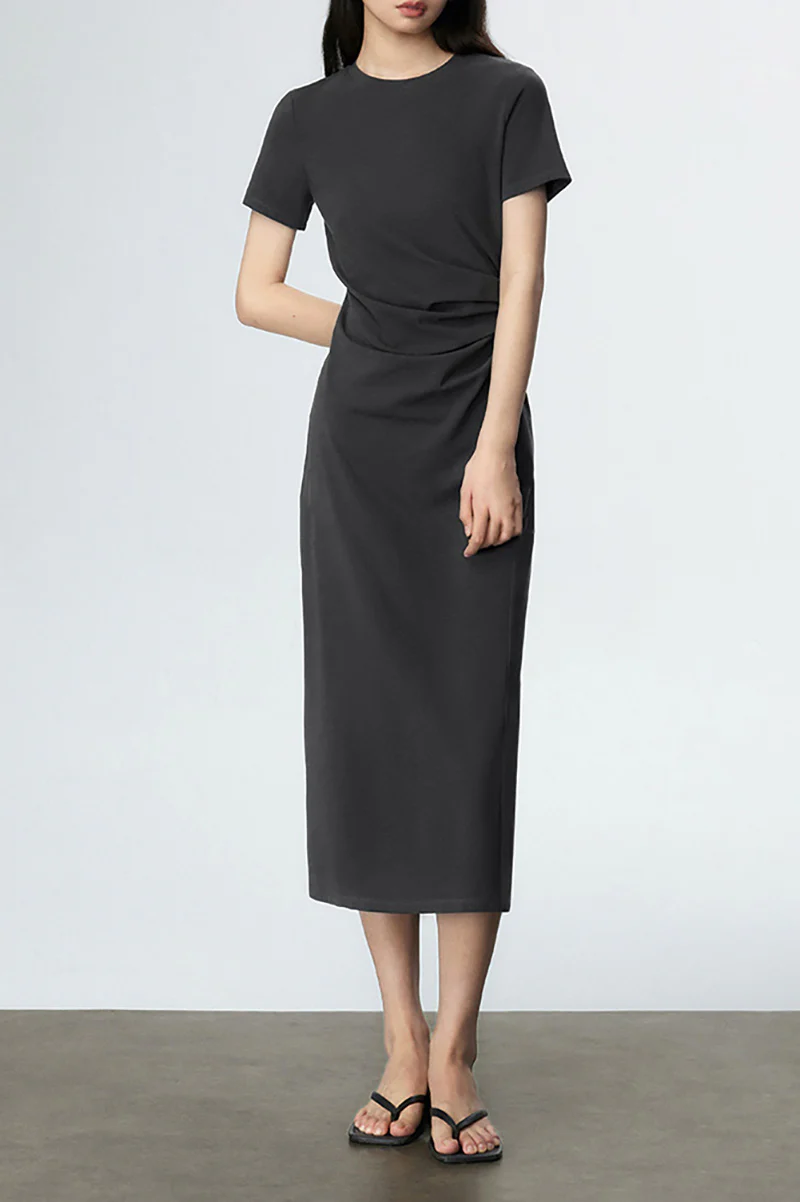 Sage Green Ruched-Waist T-Shirt Midi Dress - HBQMJX