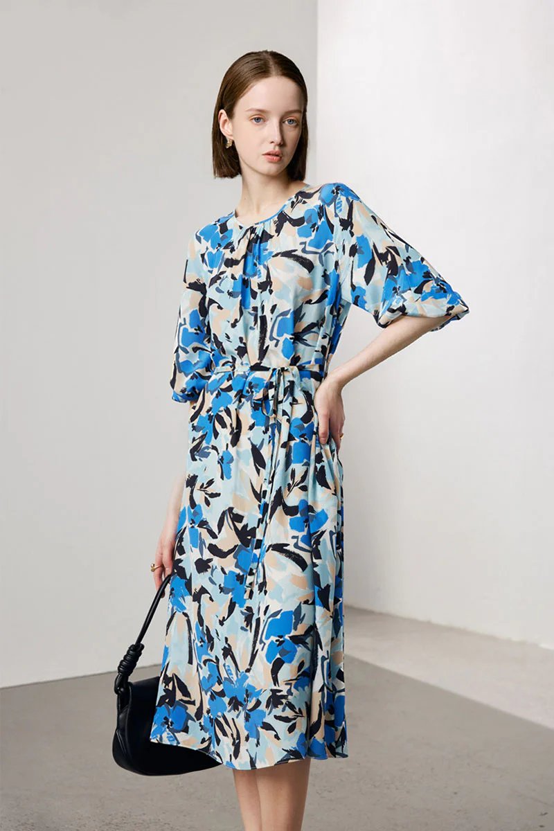 100 Mulberry Silk Abstract Print Balloon-Sleeve Midi Dress - HBQMJX