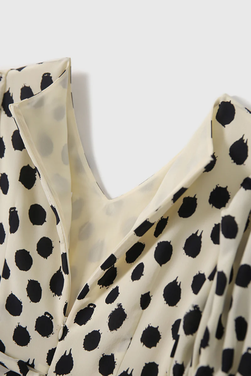 100% Silk Polka Dot Crepe A-Line Midi Dress - HBQMJX