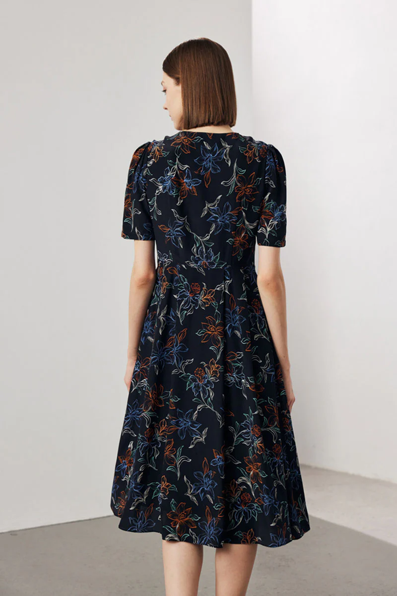 100 Mulberry Silk Floral A-Line Short-Sleeve V-Neck Midi Dress - HBQMJX