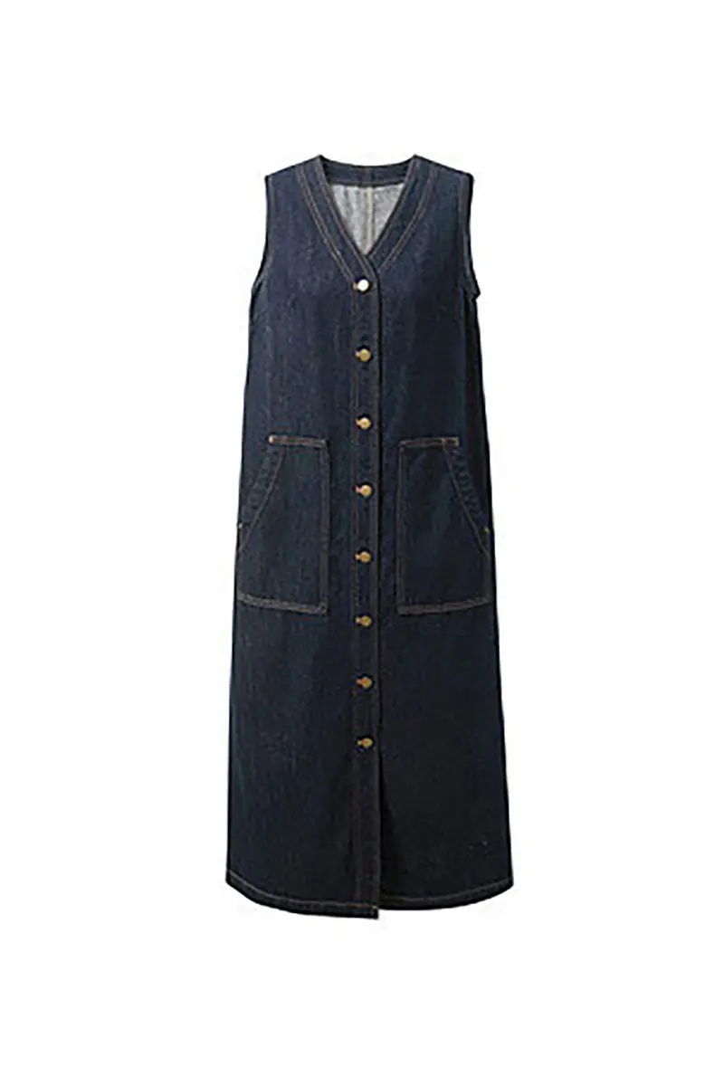 Denim V-Neck Vest Midi Dress with Pockets - HBQMJX