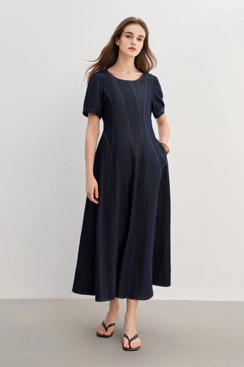 Denim Short-Sleeve A-Line Midi Dress - HBQMJX
