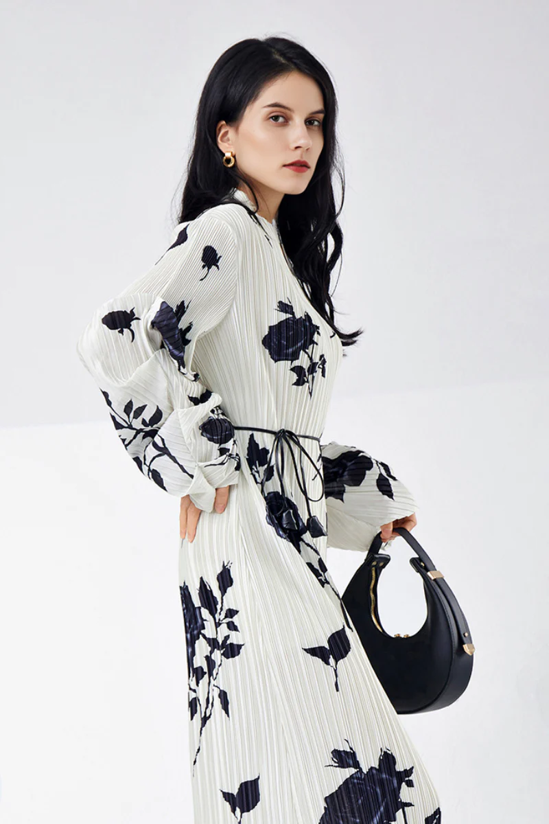 Designer Inspired Pleated Floral Long-Sleeve Midi Dress - HBQMJX
