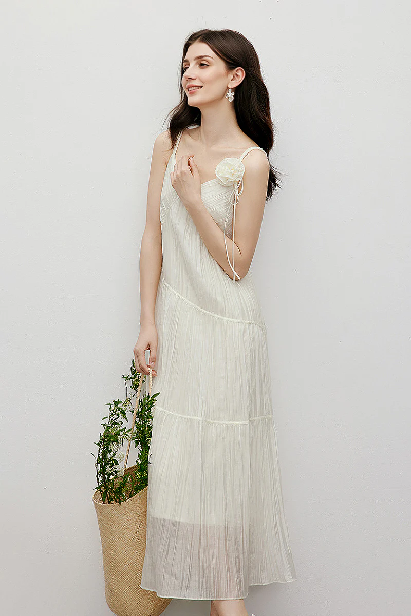 White V-Neck Spaghetti-Strap Textured Midi Dress - HBQMJX