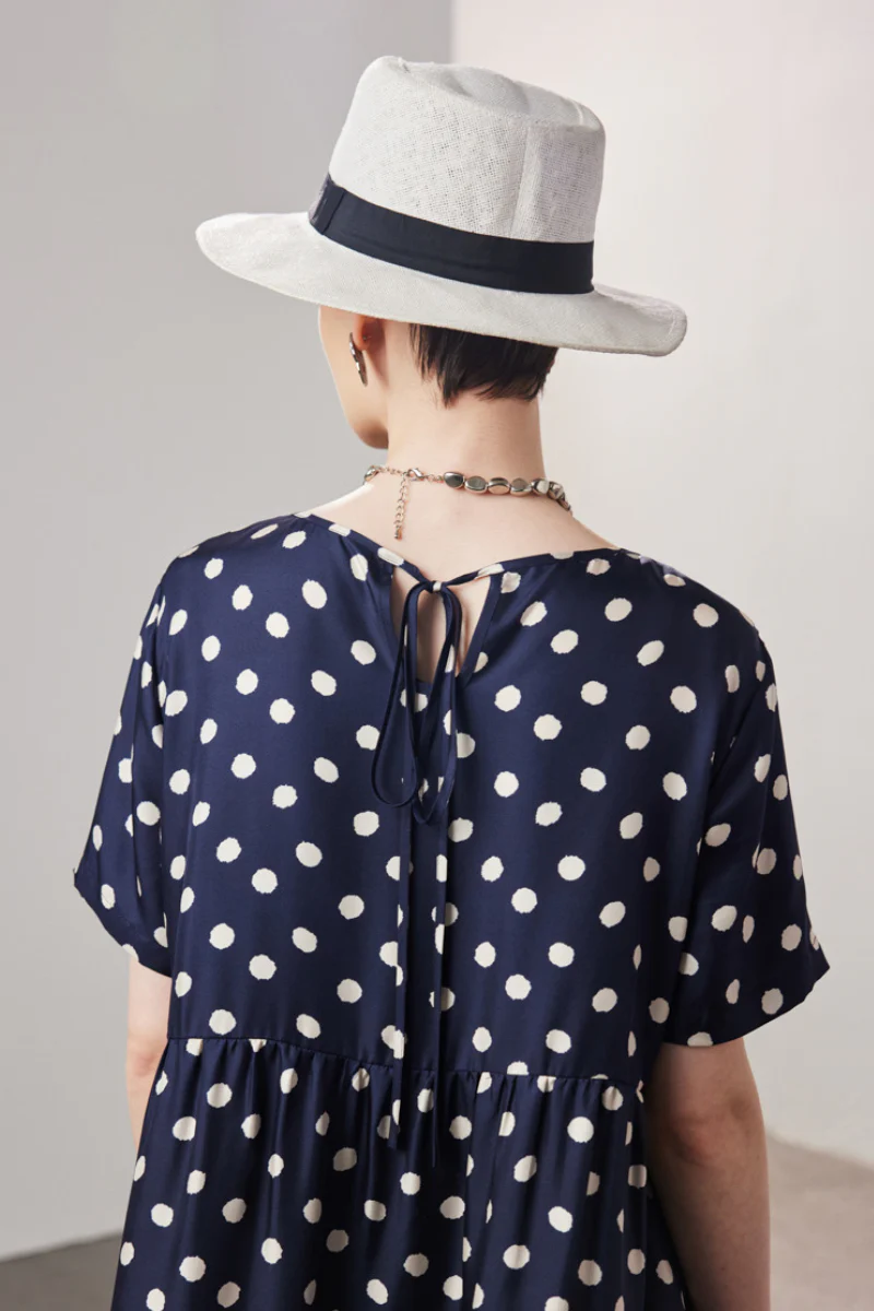 100 Mulberry Silk Polka-Dot Short-Sleeve Midi Dress in Navy - HBQMJX