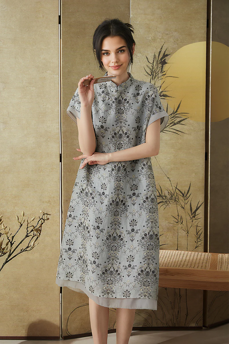 Qipao-Inspired Floral Midi Dress in Linen-Silk Blend - HBQMJX
