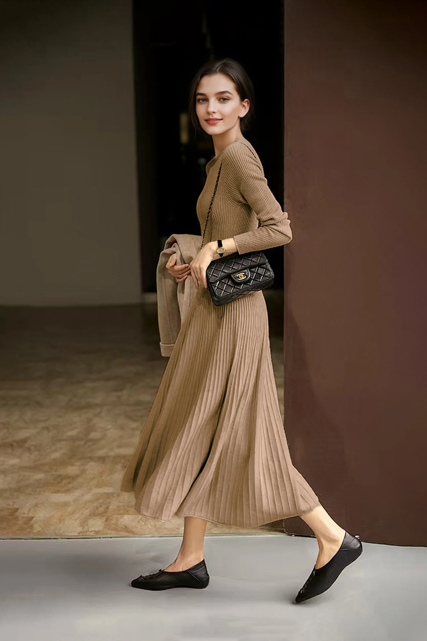 100% Wool Long Sleeve Crewneck Midi Sweater Dress - HBQMJX