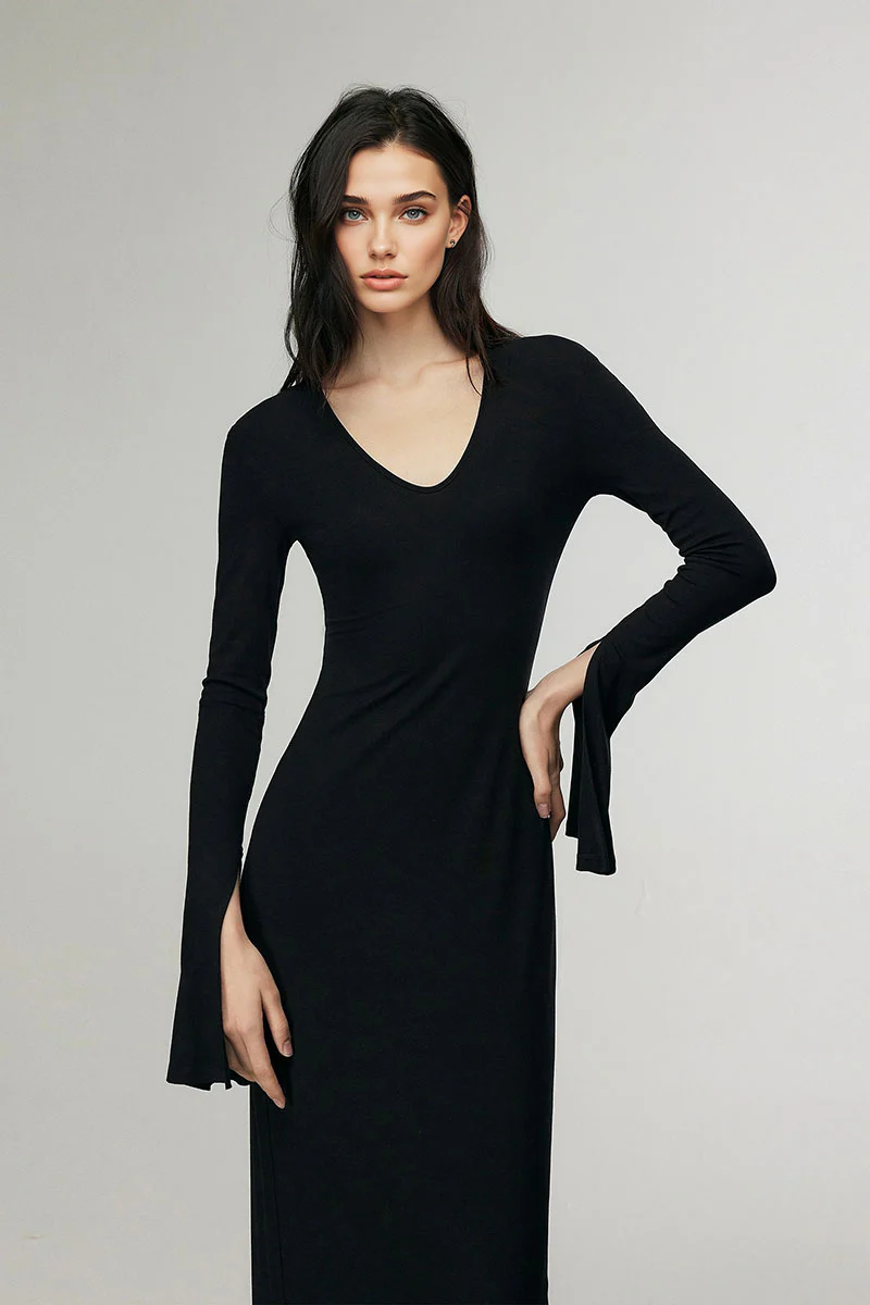 Black Long Sleeve Bodycon Maxi Dress with Back Cutout - HBQMJX