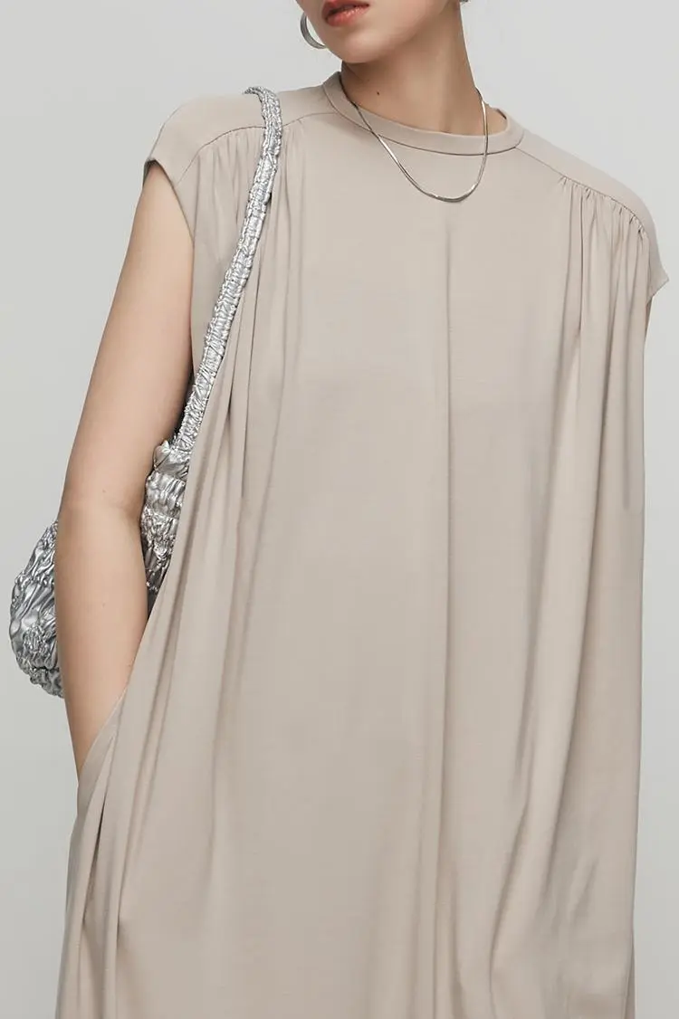 Oversized Padded Shoulder Acetate Sleeveless Shirt Dress - HBQMJX