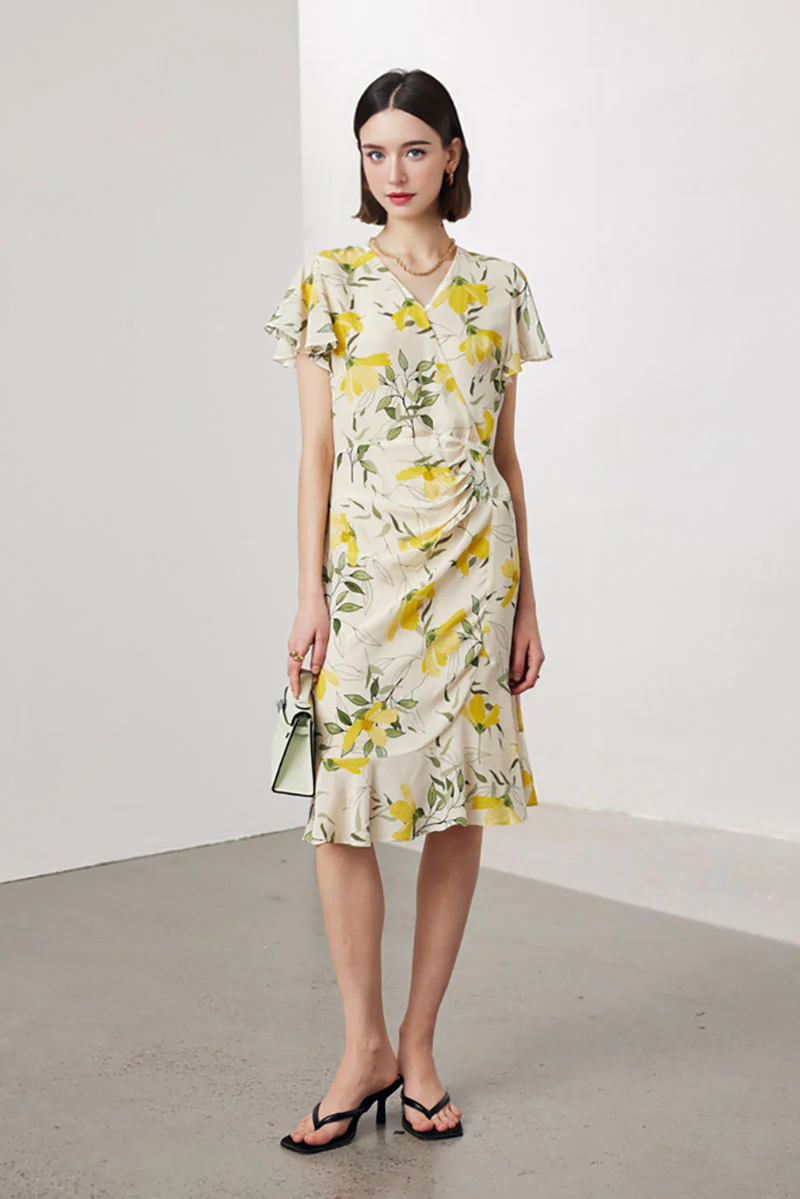 100 Mulberry Silk Floral Flutter-Sleeve V-Neck Ruffle Wrap Midi Dress - HBQMJX