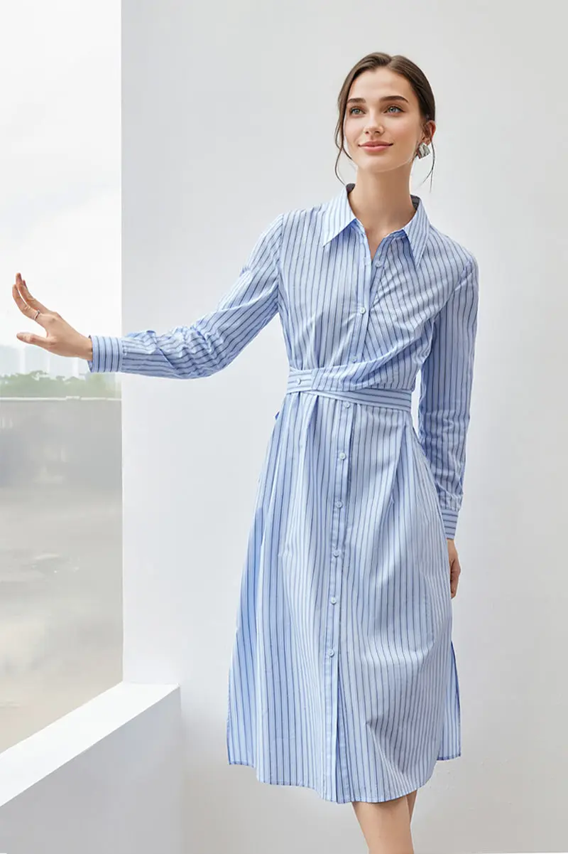 French Chic Wrap Waist Stripe Shirt Dress - JIEEQQ