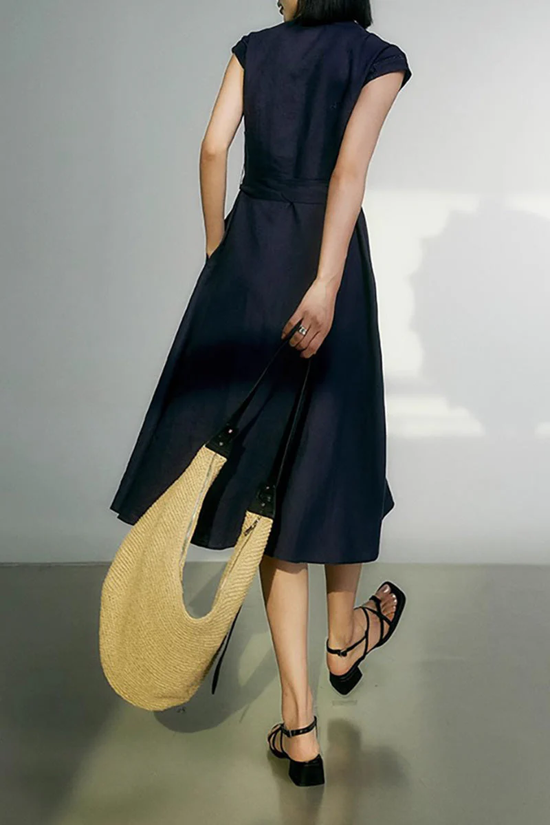 Navy Blue 100 Linen Cap-Sleeve Button-Front Belted Midi Dress - HBQMJX