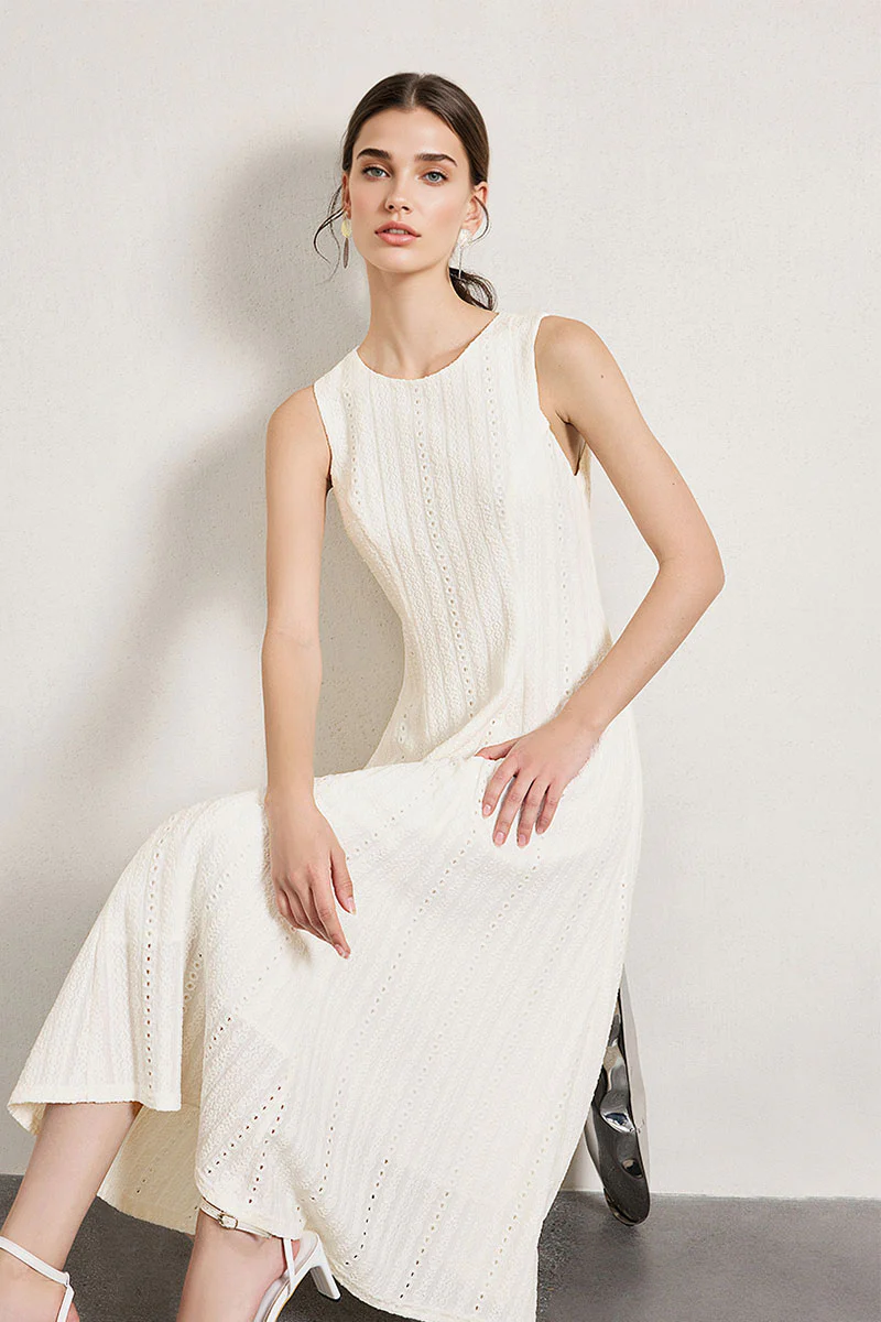 White Embroidered Lace Fit & Flare Midi Dress - HBQMJX