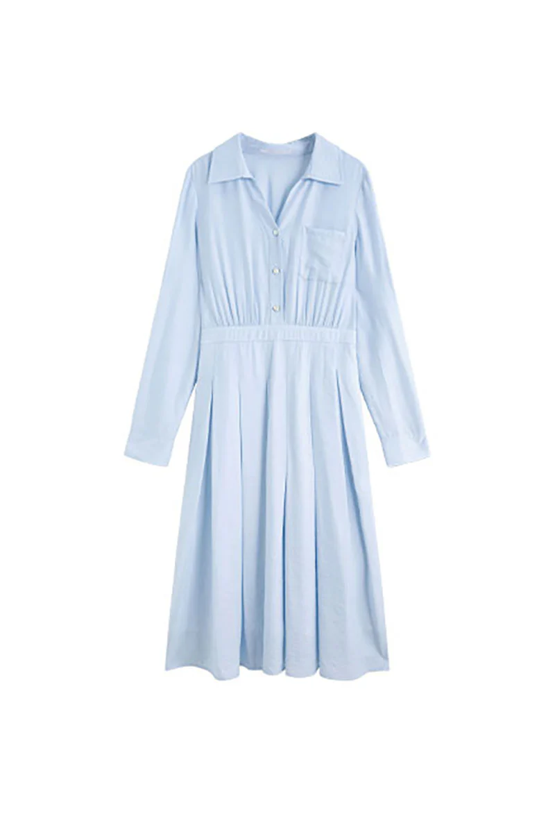 Baby Blue Long Sleeve Midi Shirt Dress - JIEEQQ