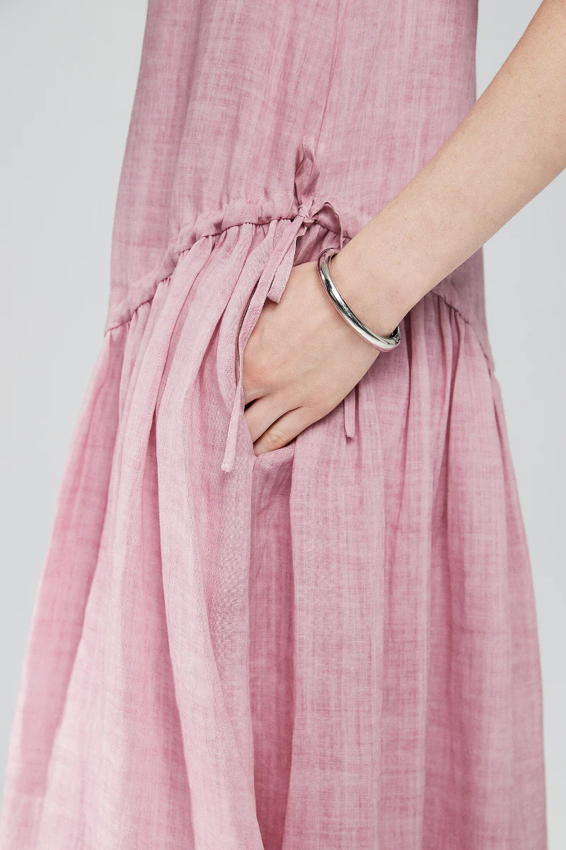 Pink Cotton-Linen Tiered Swing Beach Tank Midi Dress - HBQMJX