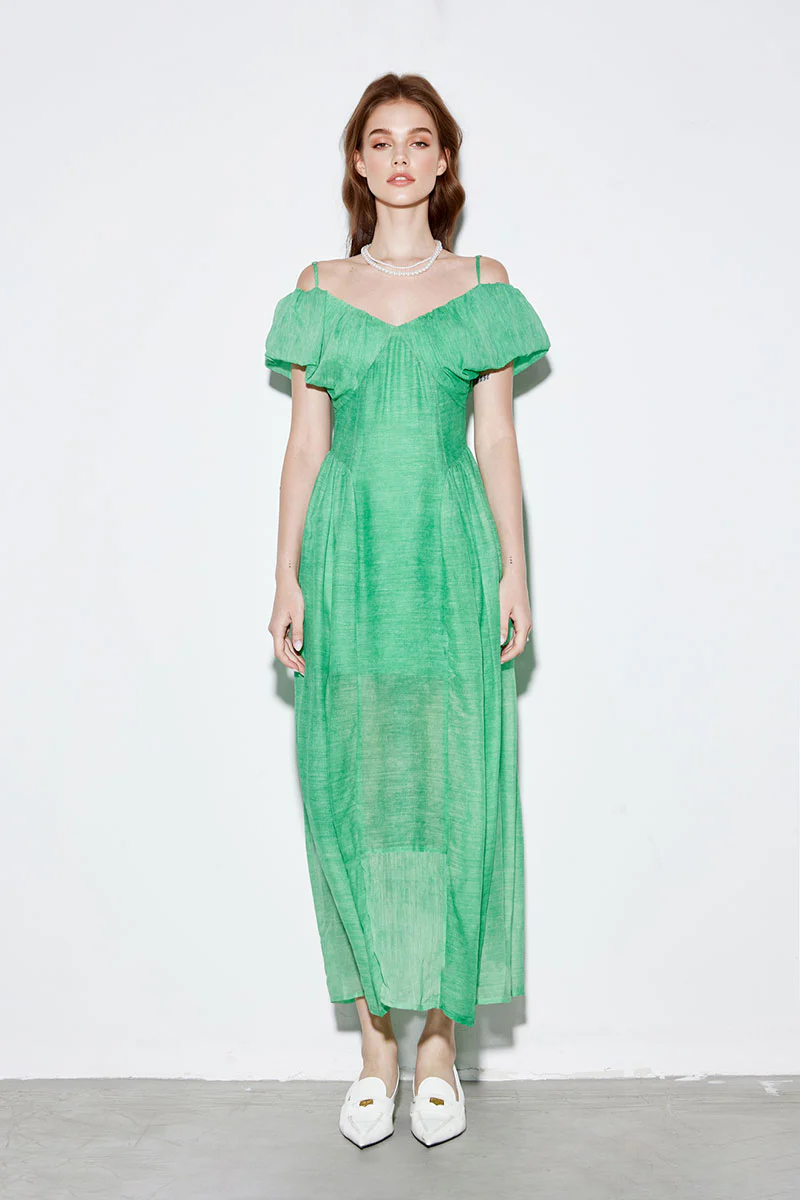 Green Silk-Wool Off-the-Shoulder A-Line Maxi Dress - HBQMJX