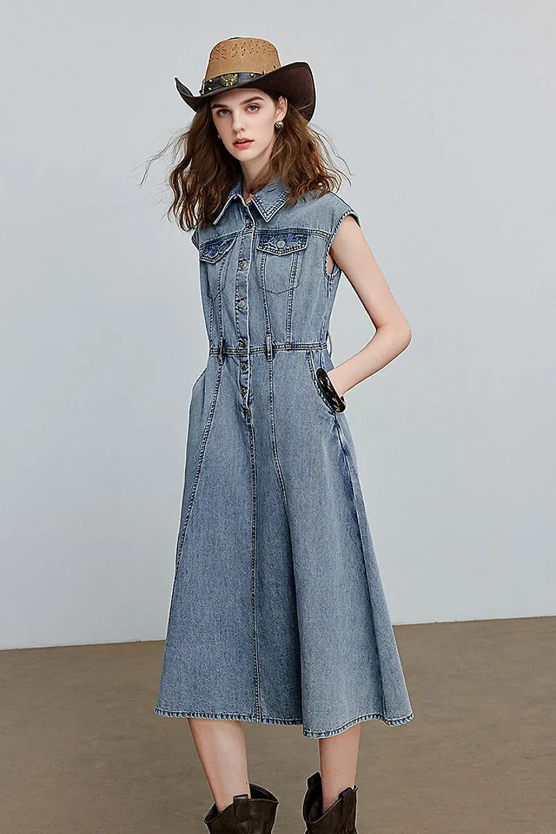 Vintage-Inspired Sleeveless Utility Denim Midi Dress - HBQMJX