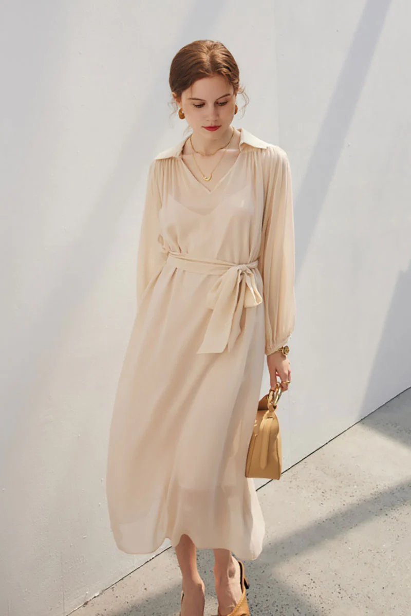 100 Mulberry Silk Flowy Sheer Balloon-Sleeve V-Neck Collared Midi Dress with Belt - HBQMJX