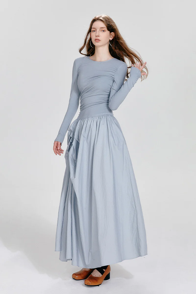 Blue Long-Sleeve Ruched Fit & Flare Maxi Dress - HBQMJX