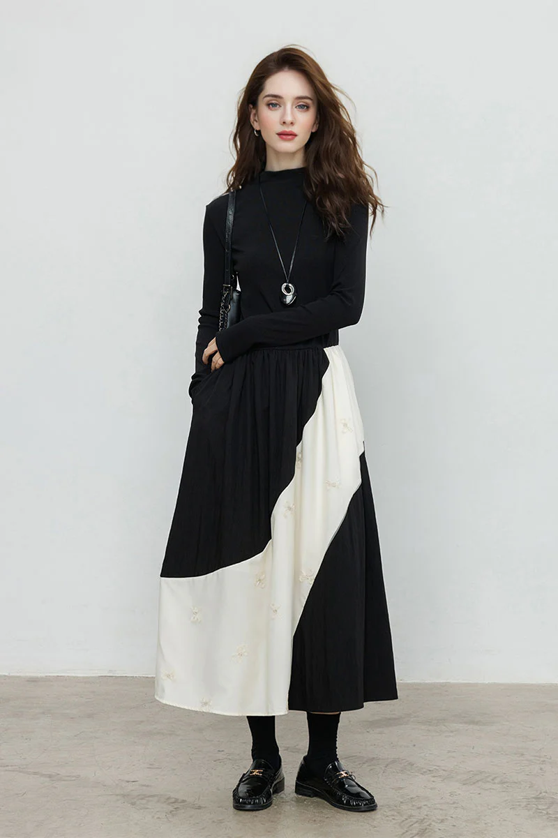 Fit & Flare Long-Sleeve Midi Dress with Lace Patchwork - HBQMJX