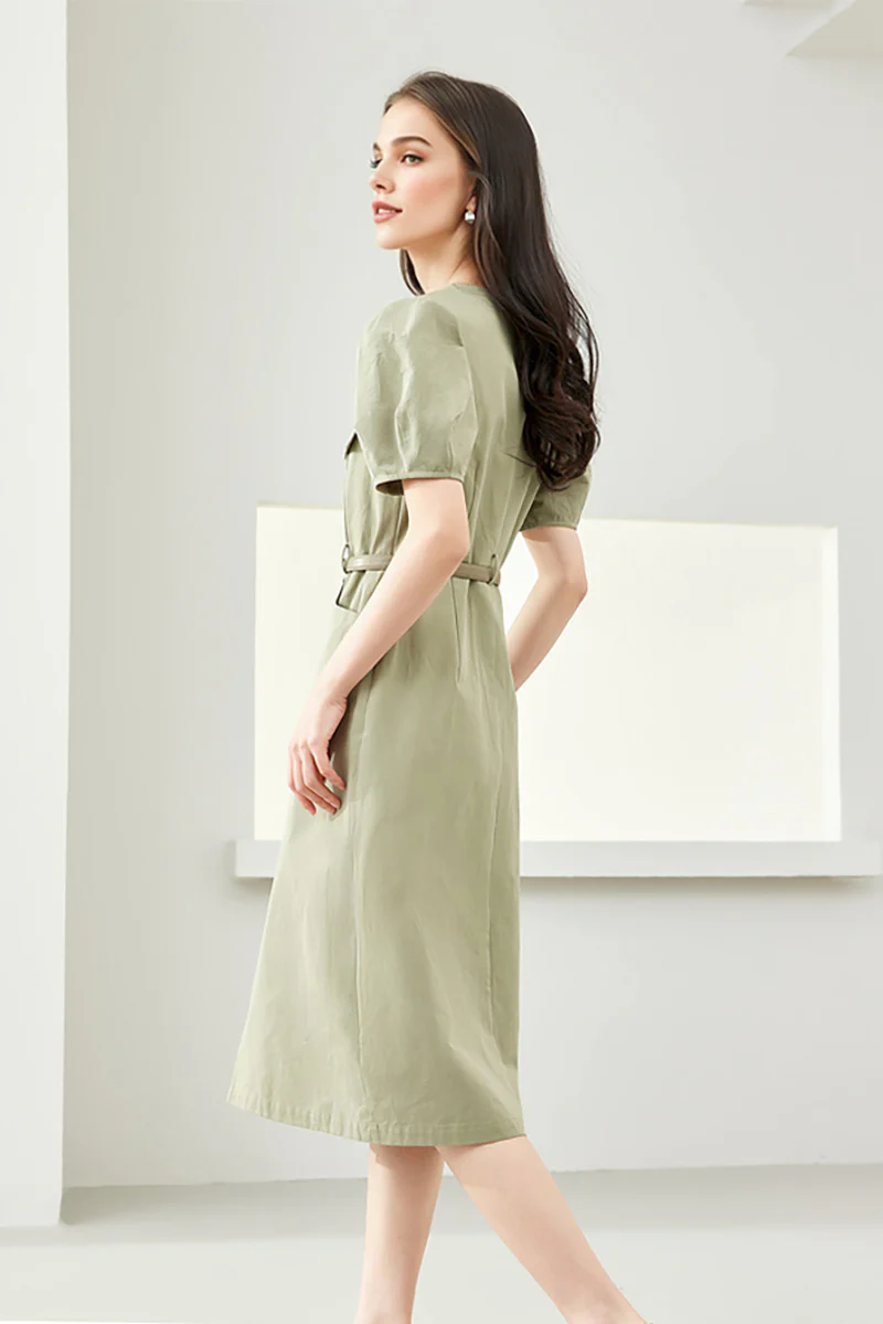 Sage Green Cargo Square-Neck Belted Midi Dress - HBQMJX