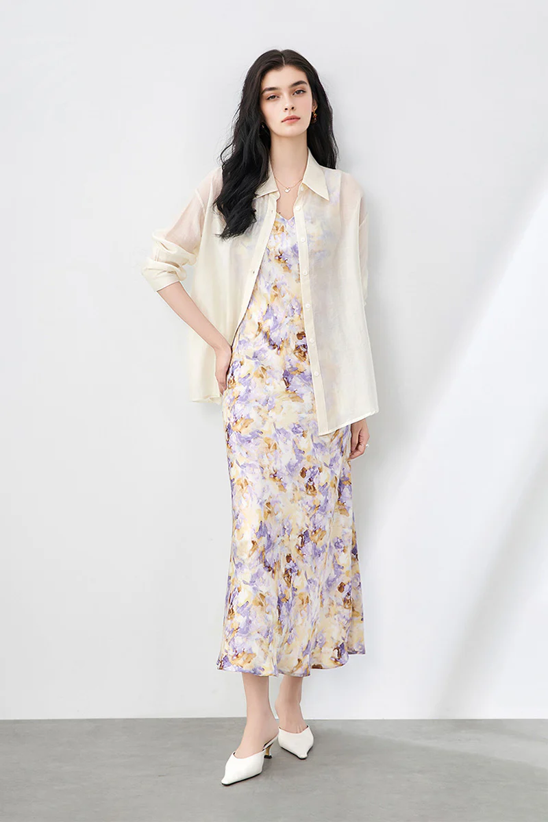 Purple Floral Sleeveless V-Neck Satin Midi Dress - HBQMJX