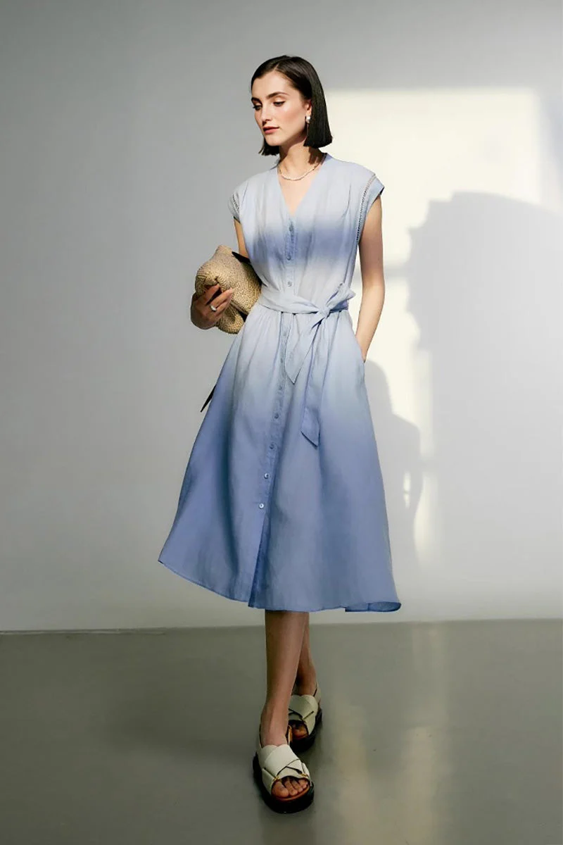 Baby Blue 100 Linen Cap-Sleeve Button-Front Belted Midi Dress - HBQMJX